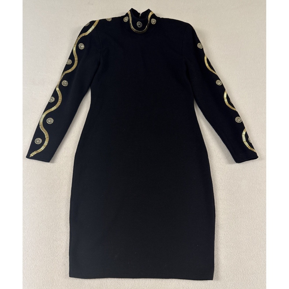 Vtg ST John Santana Knit Dress 6 Black Gold Embellished Cocktail 90s Old Money‎